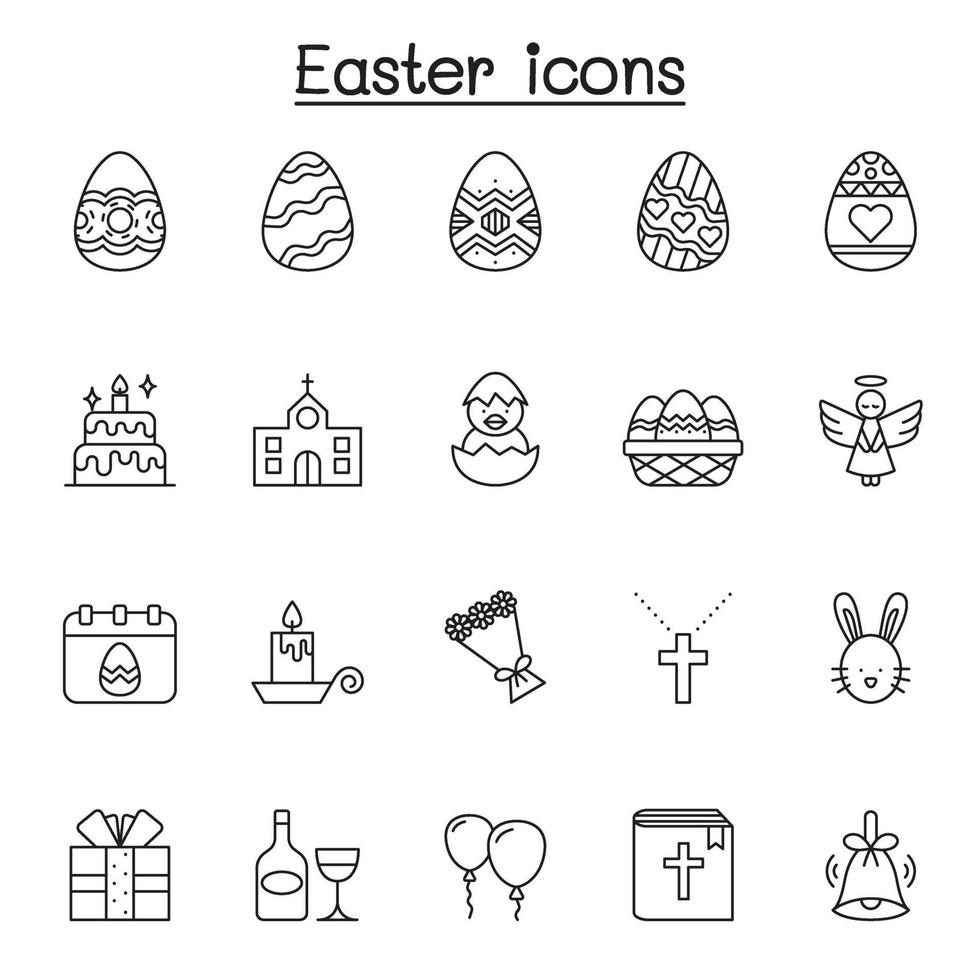 ensemble d'icônes de lignes vectorielles liées à Pâques. contient des icônes telles que l'oeuf, le cadeau, l'église, le lapin, le poulet, la bible, le ballon, la fleur, la croix, l'ange, la célébration et plus encore. vecteur