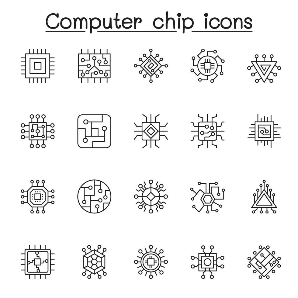 ensemble d'icônes de ligne vectorielle liées à la puce informatique. contient des icônes telles que le circuit, la carte mère, le panneau électronique, le processeur, le processeur et plus vecteur