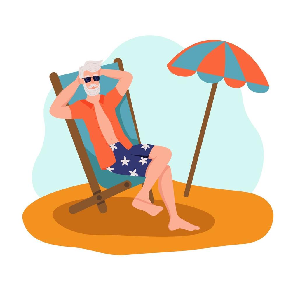 homme âgé se faire bronzer sur la plage. le concept de vieillesse active. jour des personnes âgées. illustration vectorielle de dessin animé plat. vecteur