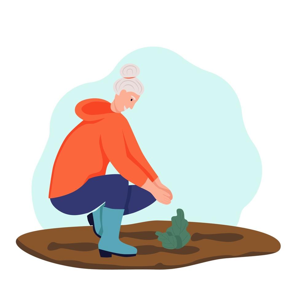 une femme âgée de jardinage. femme à la retraite, planter des fleurs. le concept de vieillesse active. jour des personnes âgées. illustration vectorielle de dessin animé plat vecteur