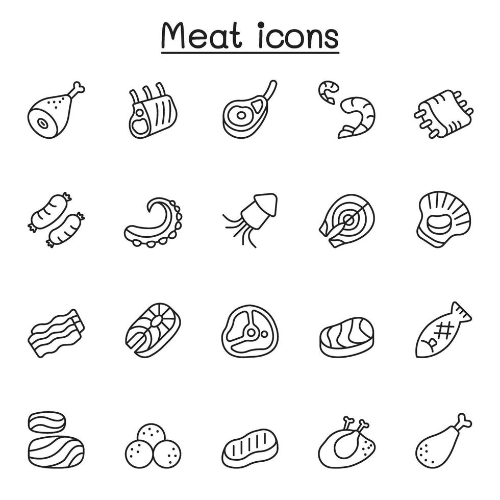Icônes de viande, de porc, de bœuf, de fruits de mer dans un style de ligne mince vecteur