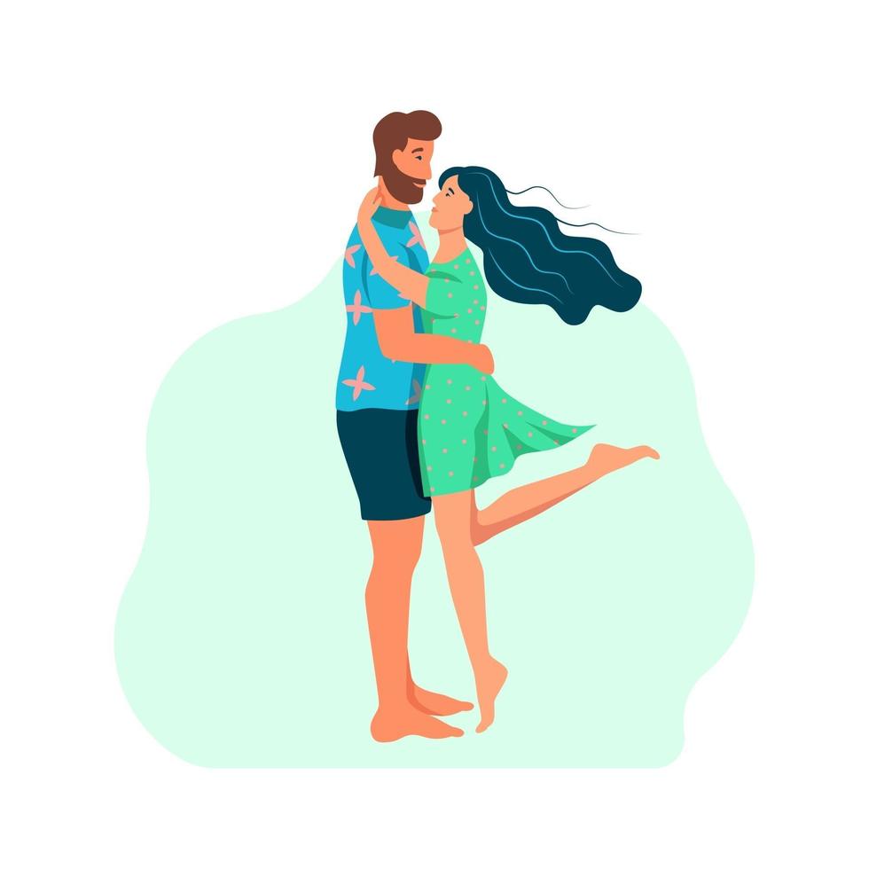un couple amoureux des câlins. jeune homme et femme en vêtements d'été. illustratio de vecteur de dessin animé plat