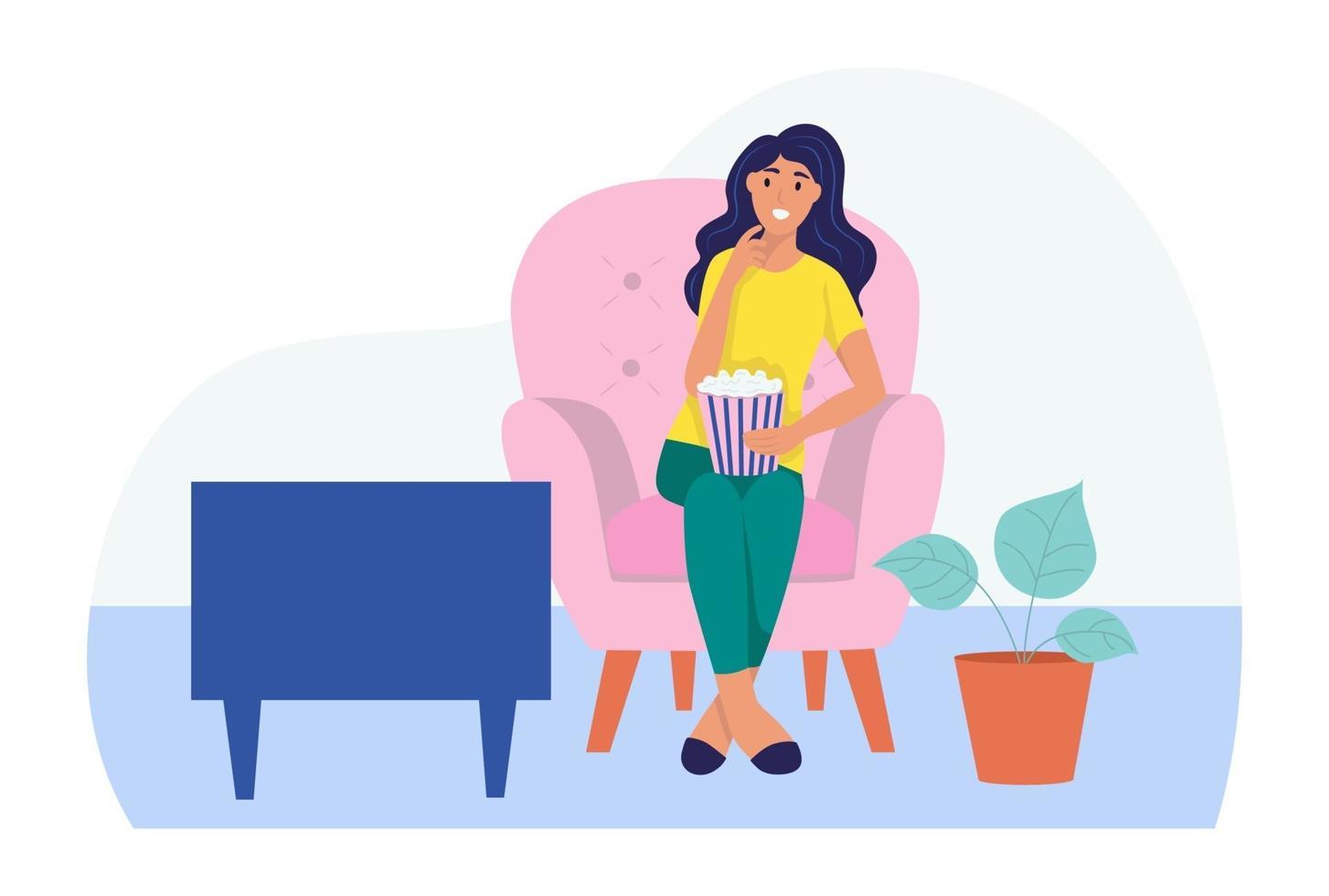 une jeune femme est assise sur le canapé, regarde la télé et mange du pop-corn. le concept de la vie quotidienne, des loisirs quotidiens et des activités professionnelles. illustration vectorielle de dessin animé plat. vecteur