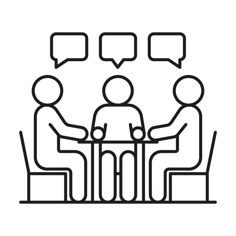 groupe de personnes siège à table, conversation, discussion, ligne d'icône de réunion. communication de l'homme sur le travail en équipe, partenariat égalitaire. illustration vectorielle vecteur