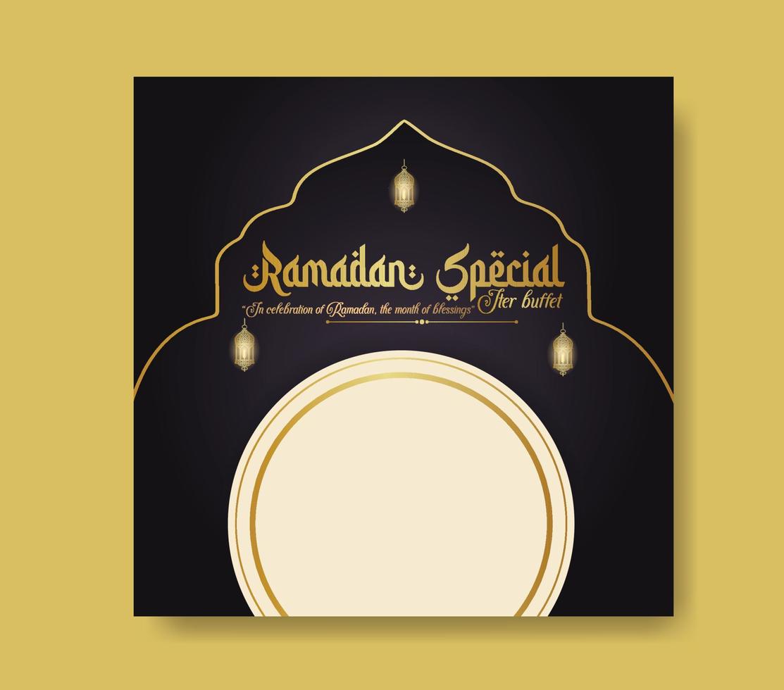 Ramadan buffet iftar social médias Publier bannière. Ramadan thème nourriture livraison carré bannière avec lanterne. bien utilisé pour nourriture social médias Publier vecteur