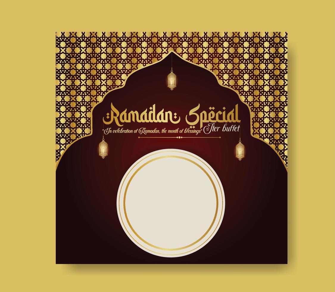 Ramadan buffet iftar social médias Publier bannière. Ramadan thème nourriture livraison carré bannière avec lanterne. bien utilisé pour nourriture social médias Publier vecteur