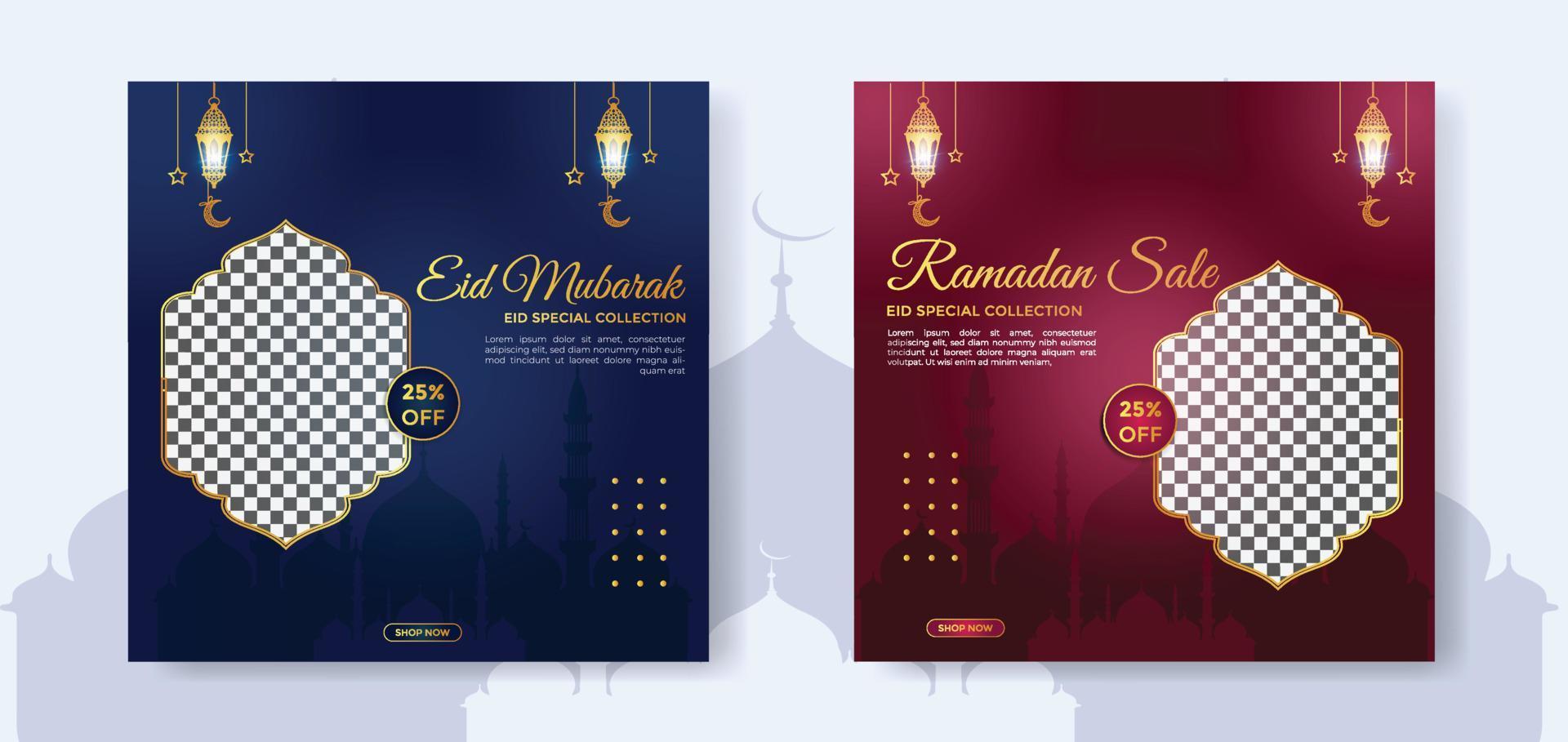 eid mode vente bannière et Ramadan vente bannière, social médias Publier modèle, Ramadan kareem thème vente carré prospectus et bannière. gros vente paquet eid les publicités poste, salutation carte islamique Contexte conception vecteur