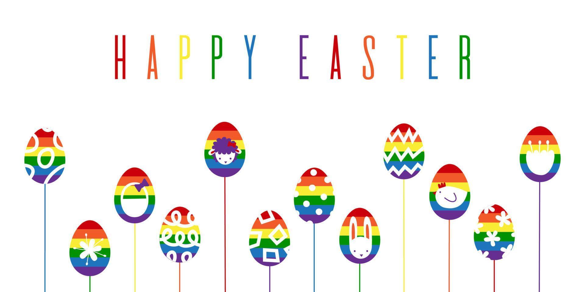 content Pâques arc en ciel bannière avec des œufs sur des bâtons et vacances symboles dans fierté lbgt couleurs. abstrait moderne graphique minimaliste vecteur plat illustration.