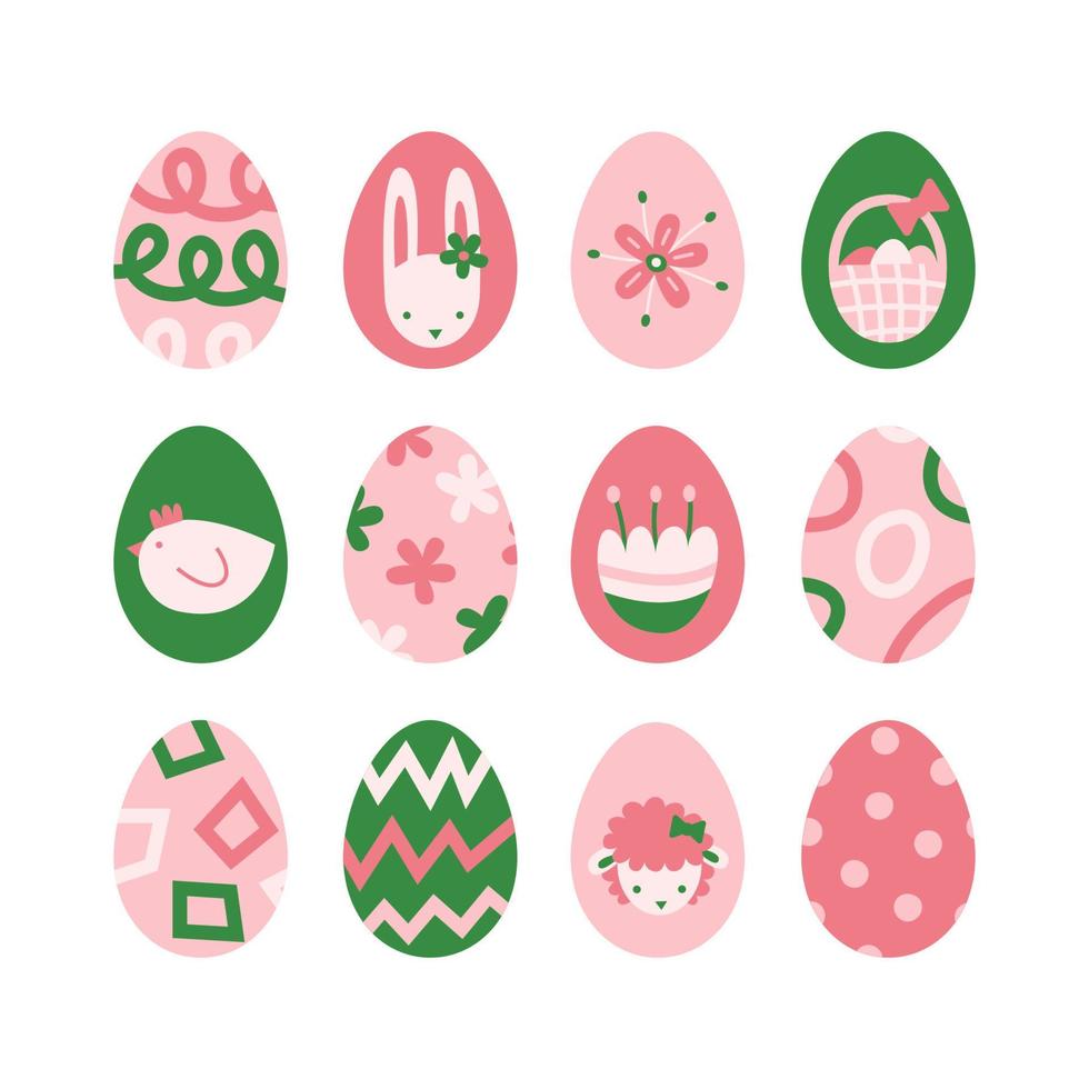 Pâques des œufs ensemble avec décoration et ornement. printemps vacances symboles collection dans rose vert. lapin, œufs, agneau, poulet, chasser panier, fleurs vecteur abstrait graphique moderne plat illustration.