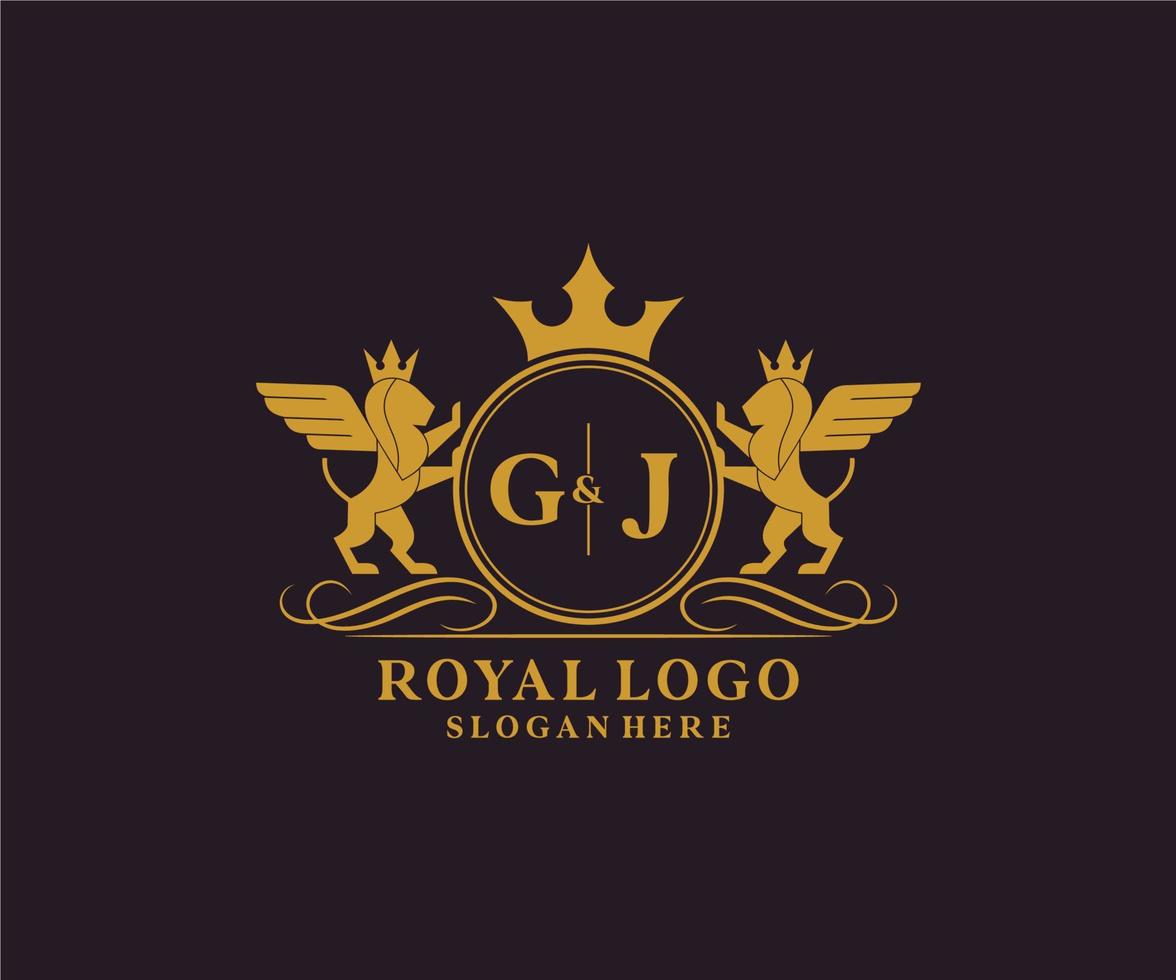 initiale gj lettre Lion Royal luxe héraldique, crête logo modèle dans vecteur art pour restaurant, royalties, boutique, café, hôtel, héraldique, bijoux, mode et autre vecteur illustration.