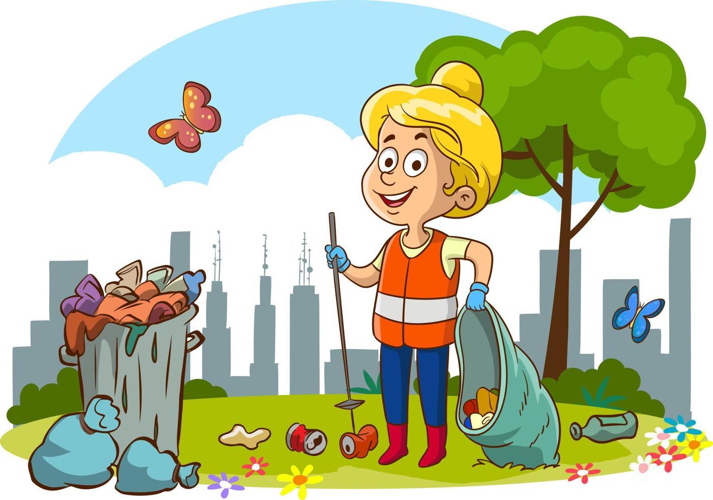 enfants nettoyant l'environnement du vecteur de dessin animé d'ordures