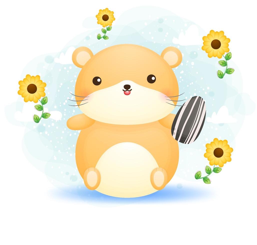 Hamster Doodle Mignon Tenant Le Personnage De Dessin Animé De Graines De Tournesol Vecteur Premium