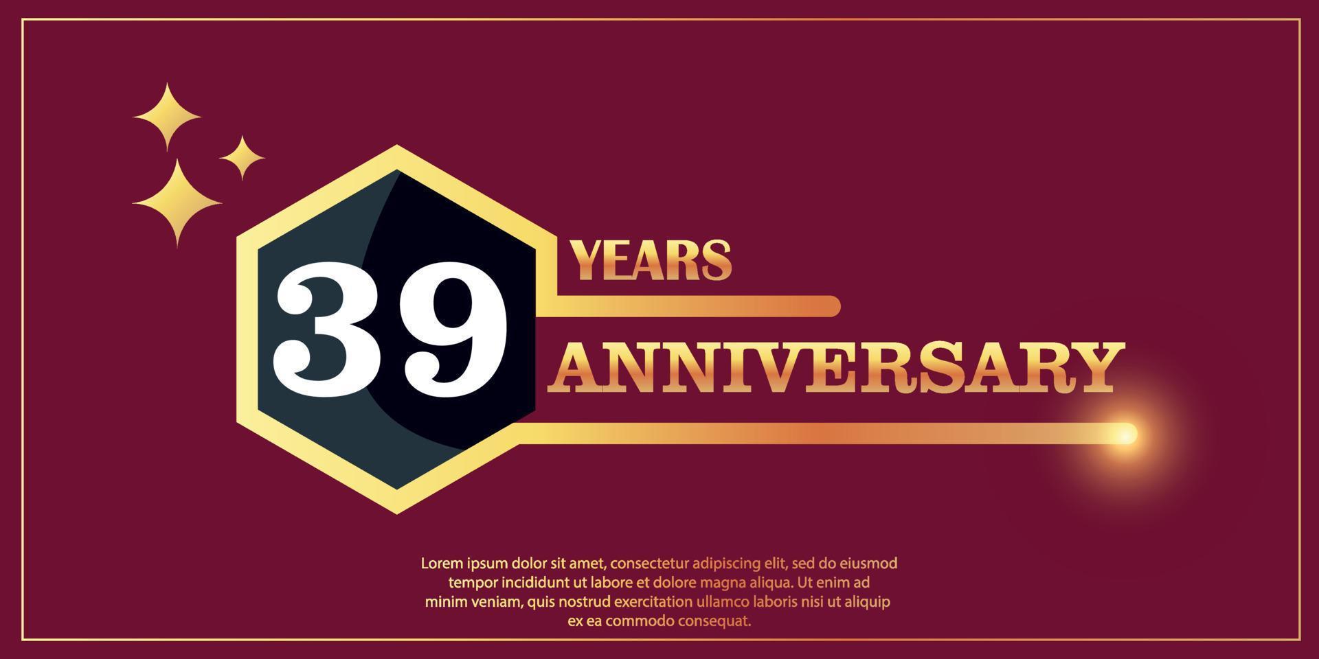 39e anniversaire or Couleur logotype style avec hexagone forme avec blanc Couleur nombre Police de caractère sur rouge Contexte vecteur illustration