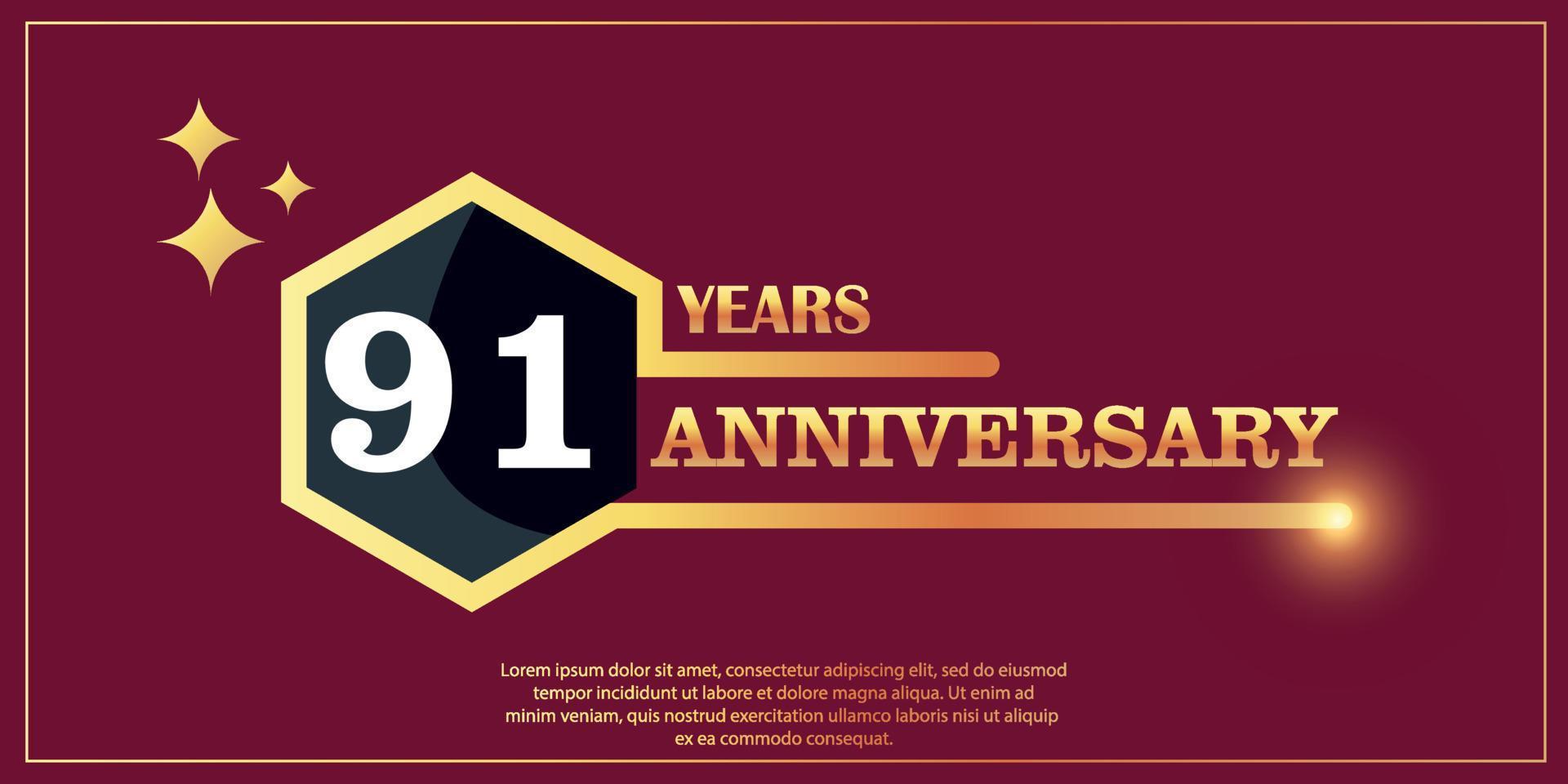 91ème anniversaire or Couleur logotype style avec hexagone forme avec blanc Couleur nombre Police de caractère sur rouge Contexte vecteur illustration