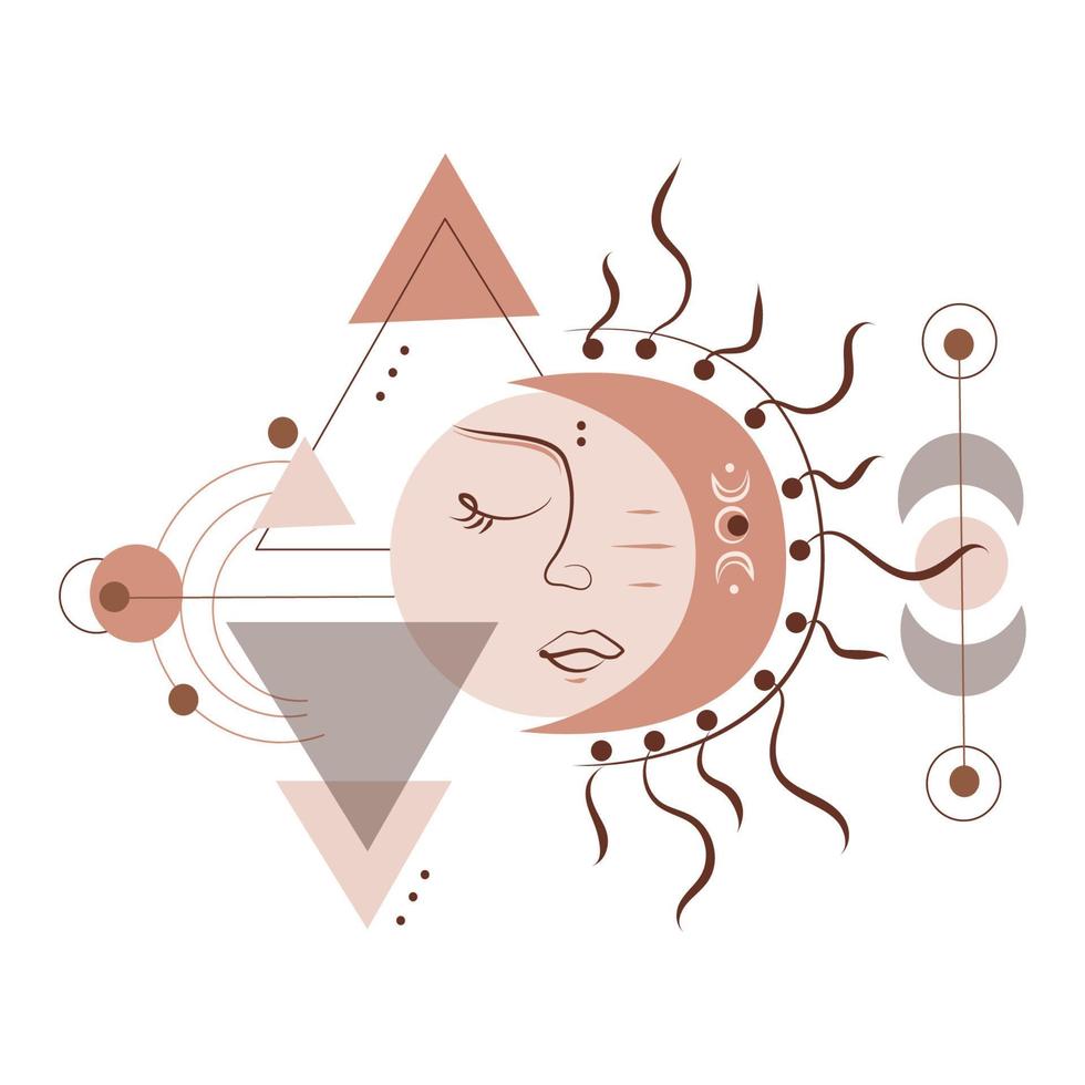 abstrait Soleil et lune avec géométrique formes et lignes affiche impression, logo, emblème conception modèle vecteur illustration. contemporain minimaliste arrière-plans moderne boho style.