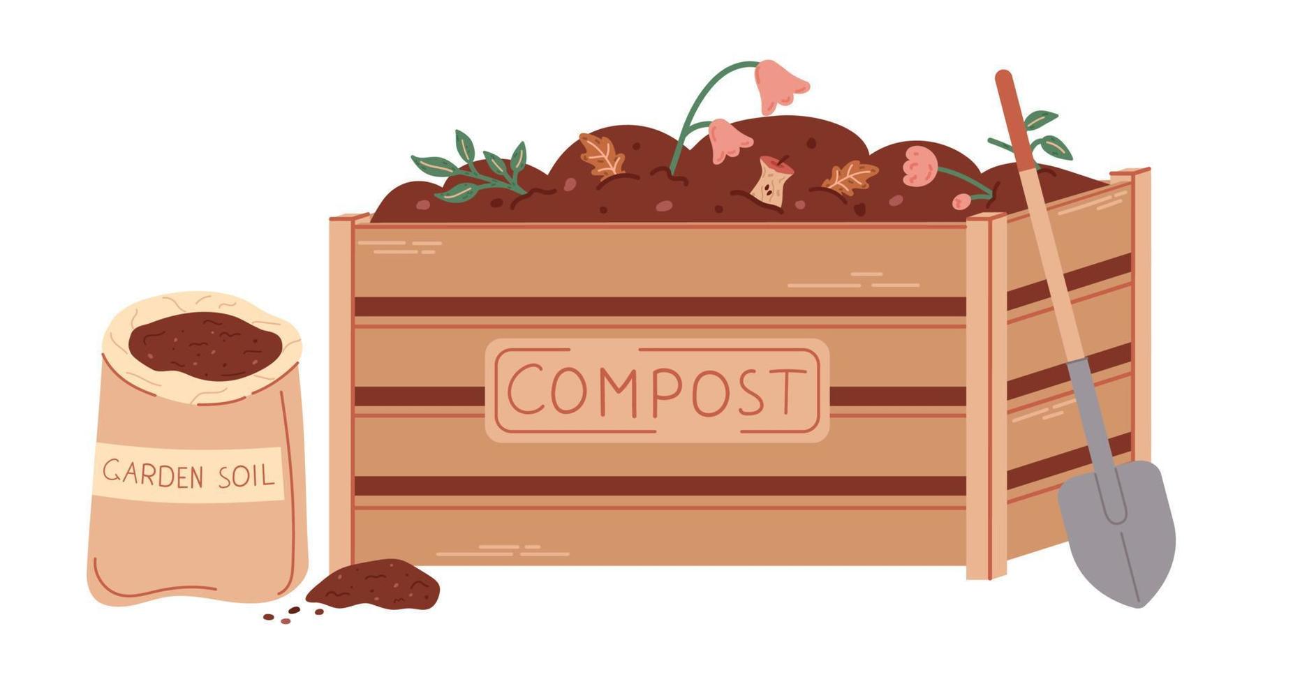 compost boîte plat illustration avec showel et sol sac isolé sur blanc Contexte. fait maison compost avec boisé tiges, feuilles et herbe. biodégradable des ordures utilisé pour engrais. vecteur