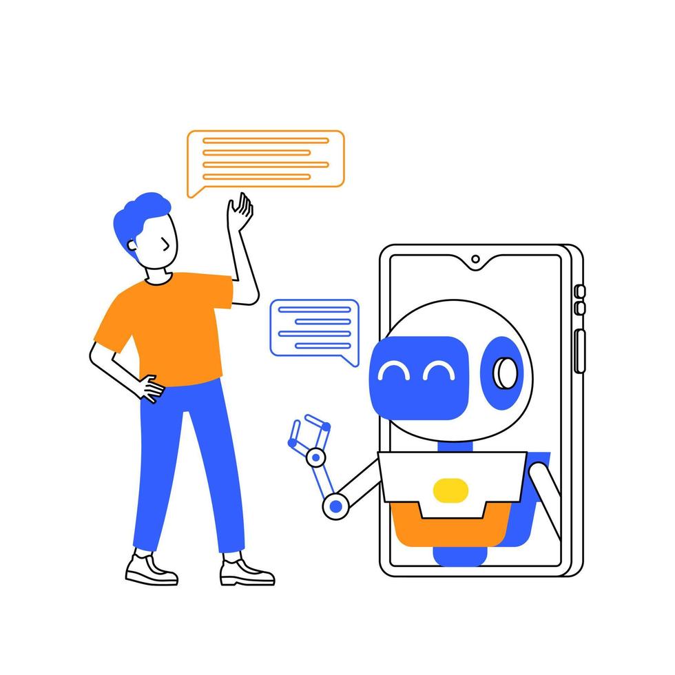 Humain interaction avec robot sur téléphone intelligent ou chatbot artificiel intelligence bavardage avec ai pour répondre de question duo Ton illustration vecteur