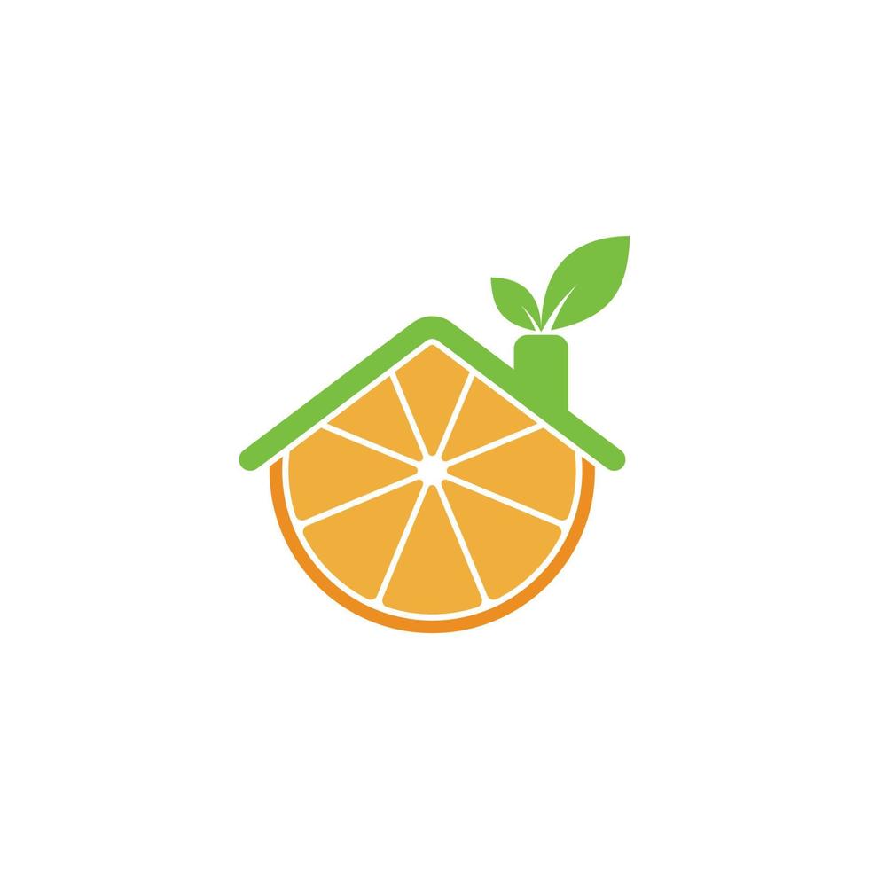 cercle Orange fruit logo, avec maison toit et une feuille en forme de cheminée. vecteur