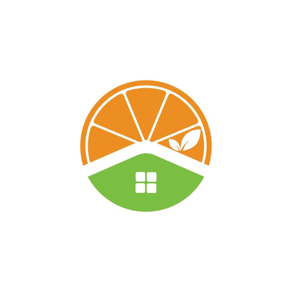 cercle Orange fruit logo, avec maison toit et une feuille en forme de cheminée. vecteur