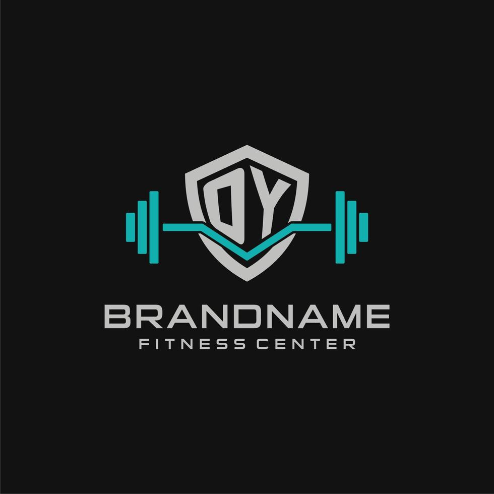 Créatif lettre oy logo conception pour Gym ou aptitude avec Facile bouclier et haltère conception style vecteur