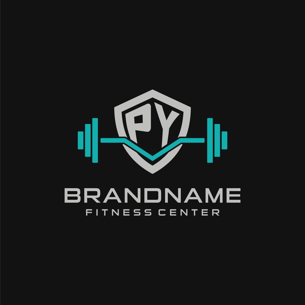 Créatif lettre py logo conception pour Gym ou aptitude avec Facile bouclier et haltère conception style vecteur