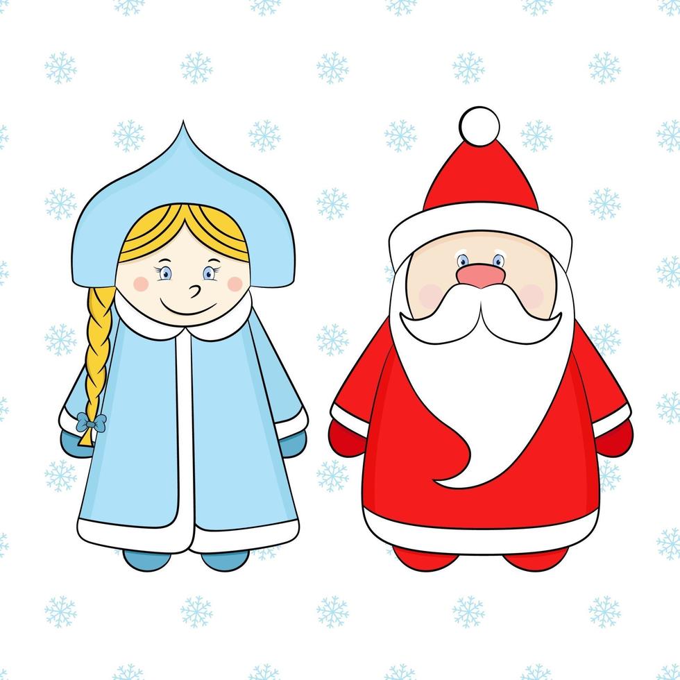 père noël russe et jeune fille des neiges sur fond blanc avec des flocons de neige. personnages drôles de nouvel an. vecteur