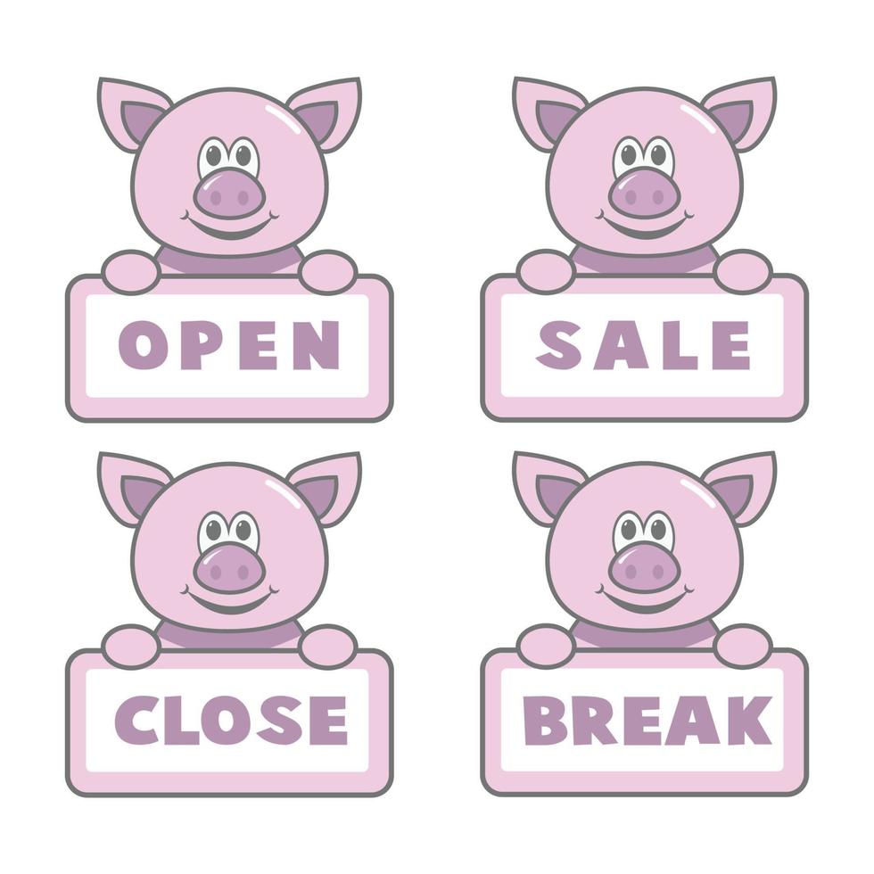 panneaux ouverts et fermés, cochon mignon. illustration d'icônes vectorielles. vecteur