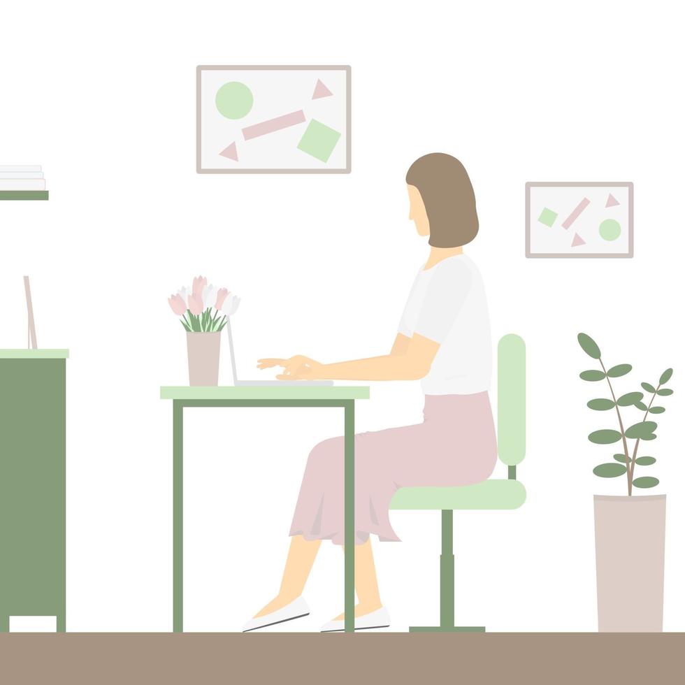 une fille avec un ordinateur portable est assise dans la pièce. elle porte des vêtements de printemps. il y a un bouquet de tulipes sur la table. bon pour la publication et l'impression sur Internet. appartement. concept. vecteur