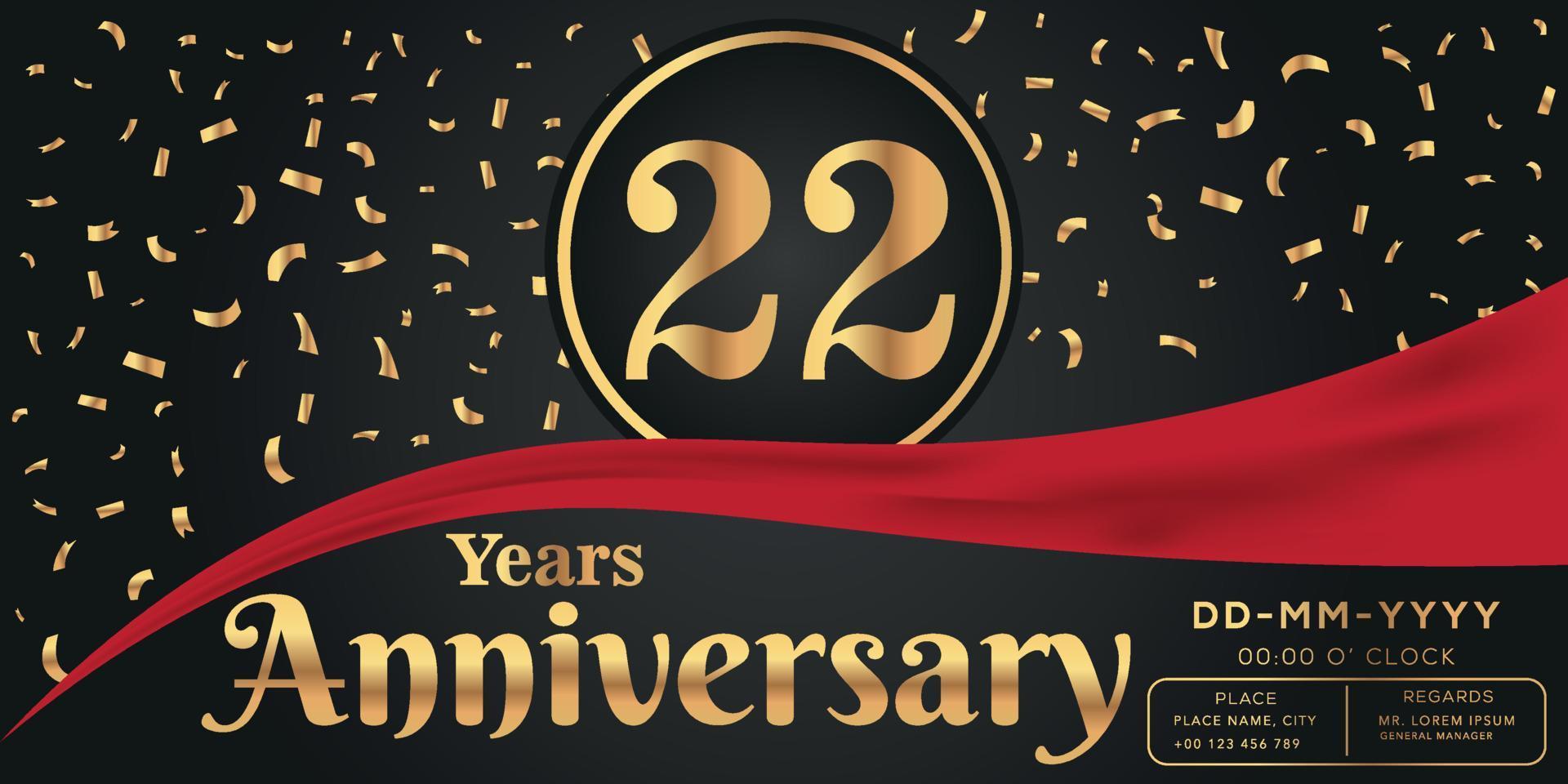 22e ans anniversaire fête logo sur foncé Contexte avec d'or Nombres et d'or abstrait confettis vecteur conception