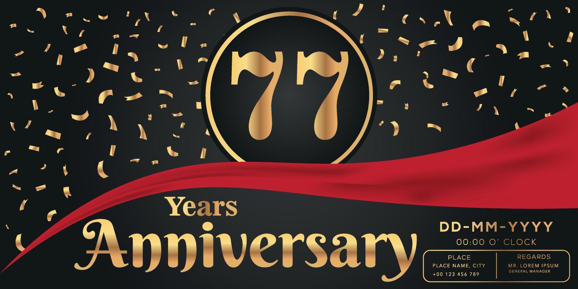 77ème ans anniversaire fête logo sur foncé Contexte avec d'or Nombres et d'or abstrait confettis vecteur conception