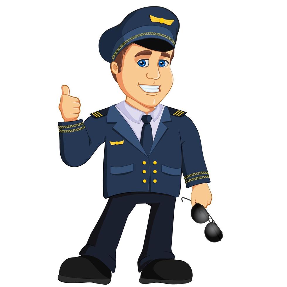 Personnage de mascotte de dessin animé de capitaine de l'aviation pilote. vecteur