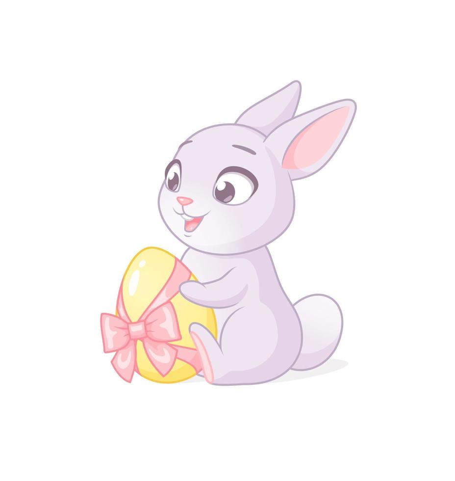 mignon lapin tenant oeuf de Pâques. illustration de vecteur de dessin animé sur fond blanc.
