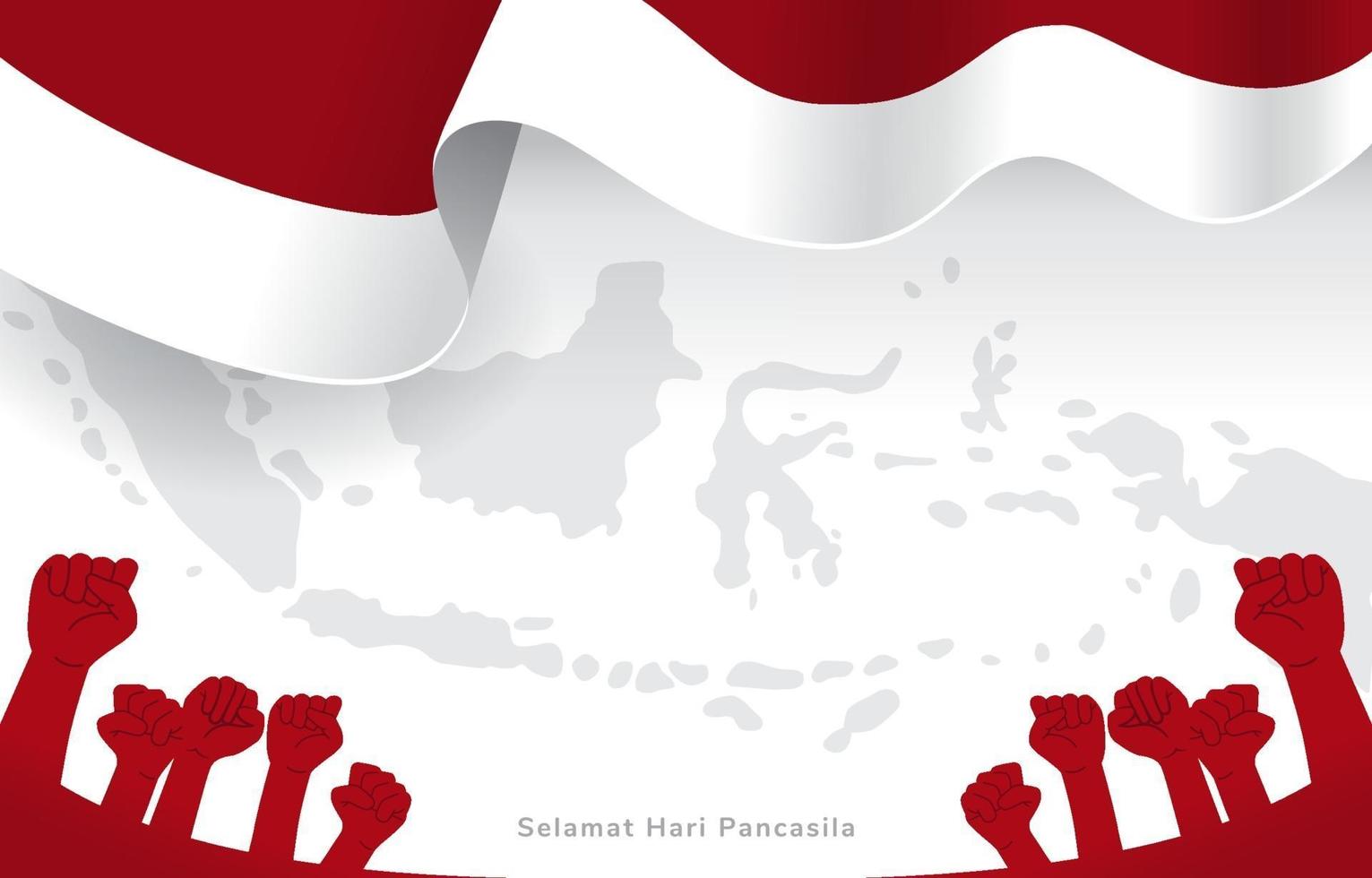 Indonésien célébrant le jour de pancasila avec carte de l'indonésie et fond de drapeau vecteur