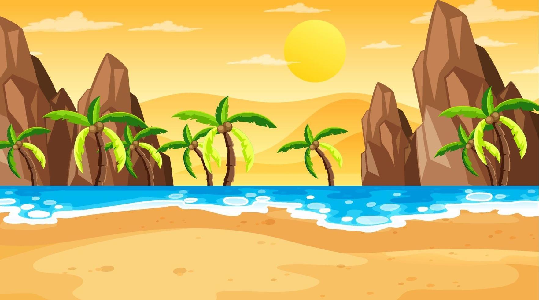 scène de paysage de plage tropicale au coucher du soleil vecteur