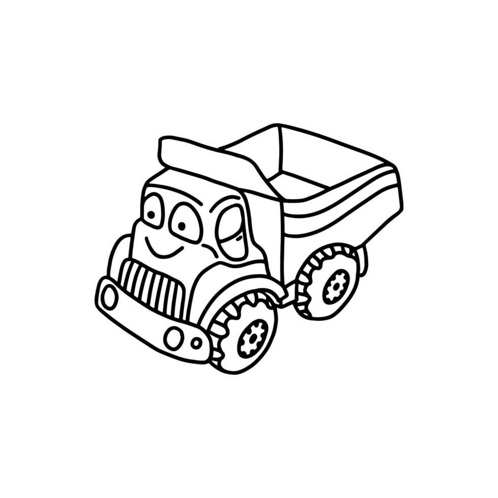 marrant jouet déverser un camion dans noir contour style sur une blanc Contexte. enfants jouet camion. coloration livre pour les enfants. vecteur illustration.