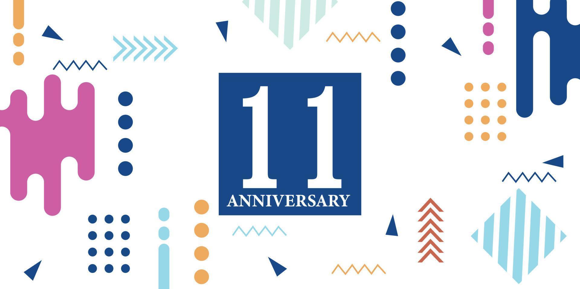 11 ans anniversaire fête logotype blanc Nombres Police de caractère dans bleu forme avec coloré abstrait conception sur blanc Contexte vecteur illustration