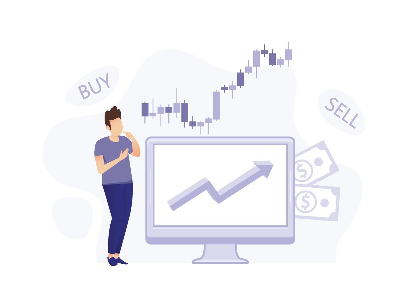 Stock marché moderne plat concept pour la toile bannière conception. Masculin Commerçant achète et vend sur Stock échange, analyses graphiques et statistiques, investit argent. illustration avec isolé gens scène vecteur