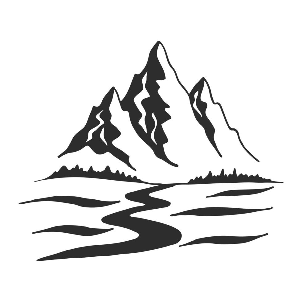 route des montagnes. paysage noir sur fond blanc. pics rocheux dessinés à la main dans le style de croquis. illustration vectorielle vecteur