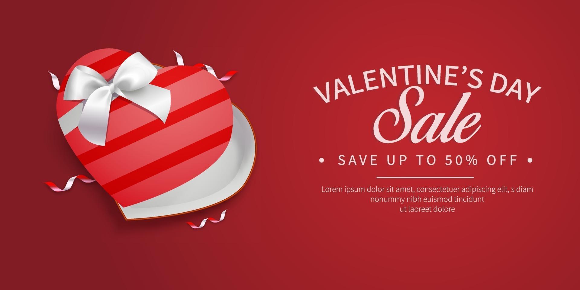 bannière de vente de la Saint-Valentin avec boîte de coeur cadeau ouvert et conception de concept de fond rouge vecteur