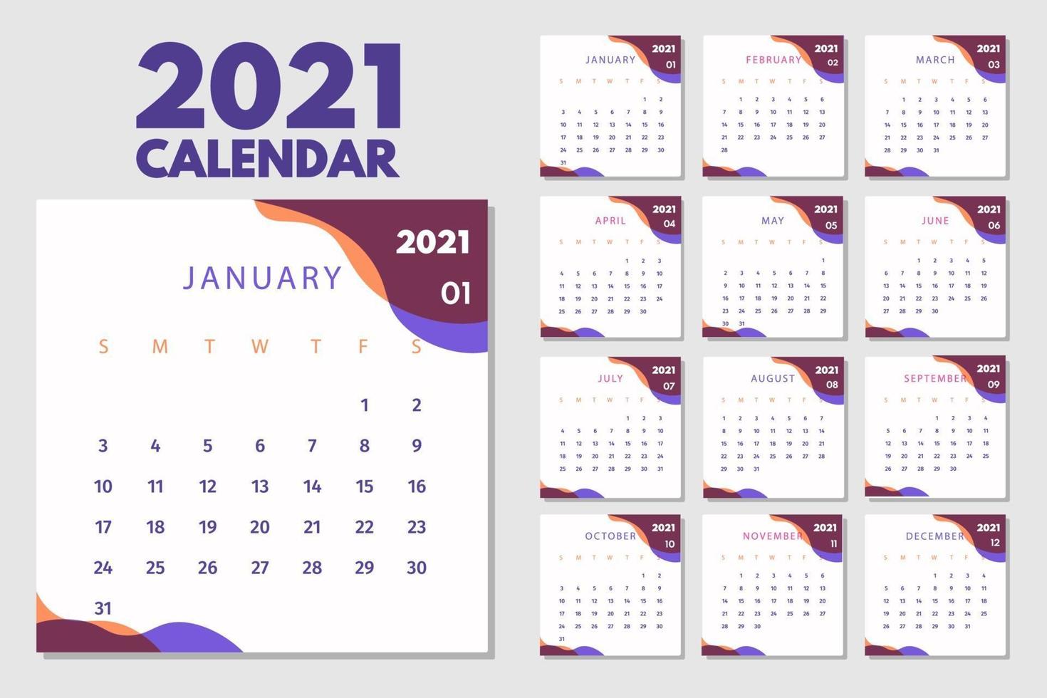 mise en page de calendrier abstraite pour le modèle de conception de calendrier 2021. la semaine commence le dimanche. conception de calendrier 2021 d'une seule page vecteur