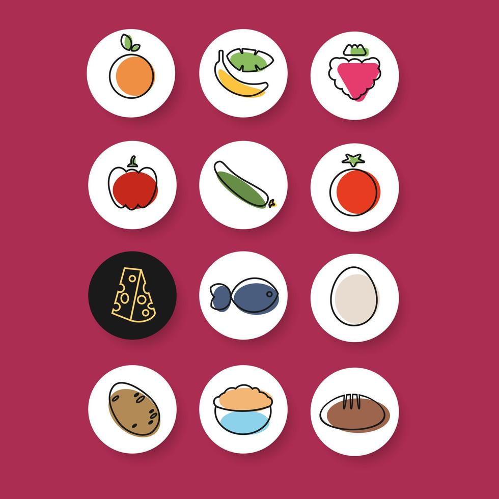 ensemble d'icônes colorées de boutons ronds de fruits et légumes pour une alimentation saine de l'application. illustration vectorielle. éléments web de contour coloré vecteur