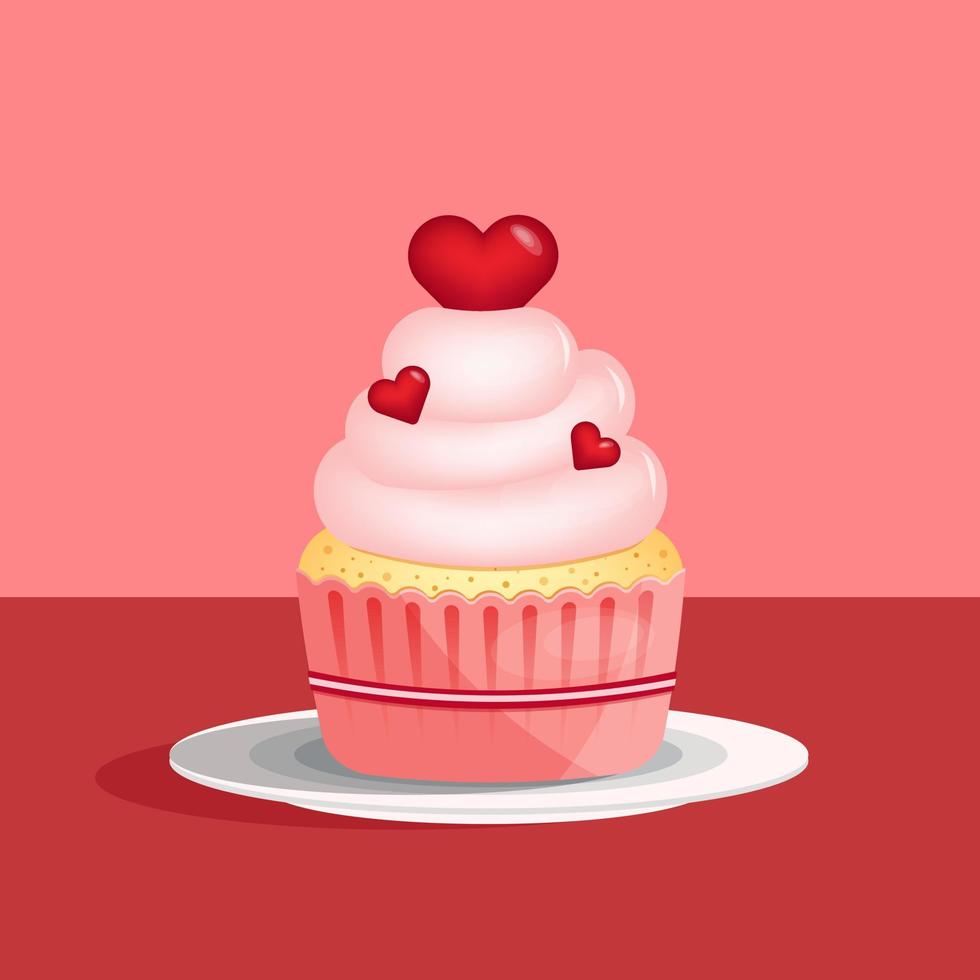 petit gâteau avec cœur formes Cerise sur le assiette dans plat style isolé sur rose Contexte. aimer, valentines journée concept. vecteur illustration
