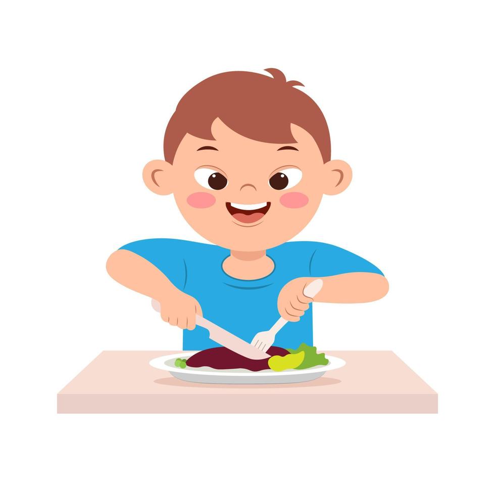 mignonne peu garçon avec vers le bas syndrome mange en utilisant une couteau et fourchette vecteur