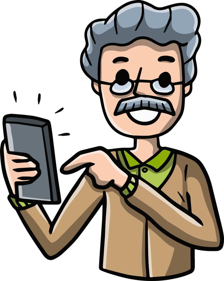 homme avec mobile téléphone. dessin animé main tiré esquisser illustration. vecteur