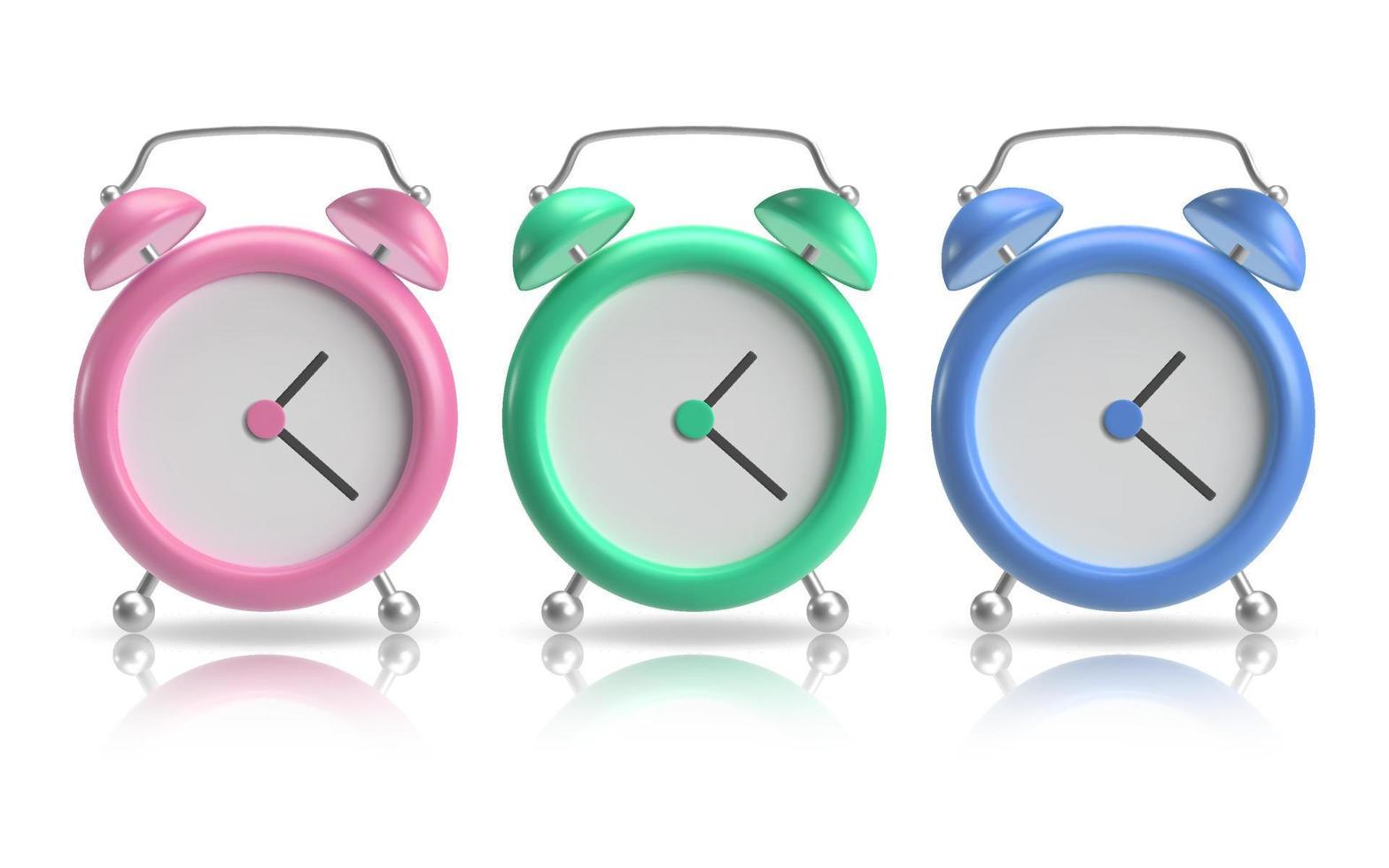 réaliste table l'horloge ensemble. 3d alarme horloge. classique minuteur. isolé sur blanc Contexte. rose, vert bleu couleur. vecteur illustration