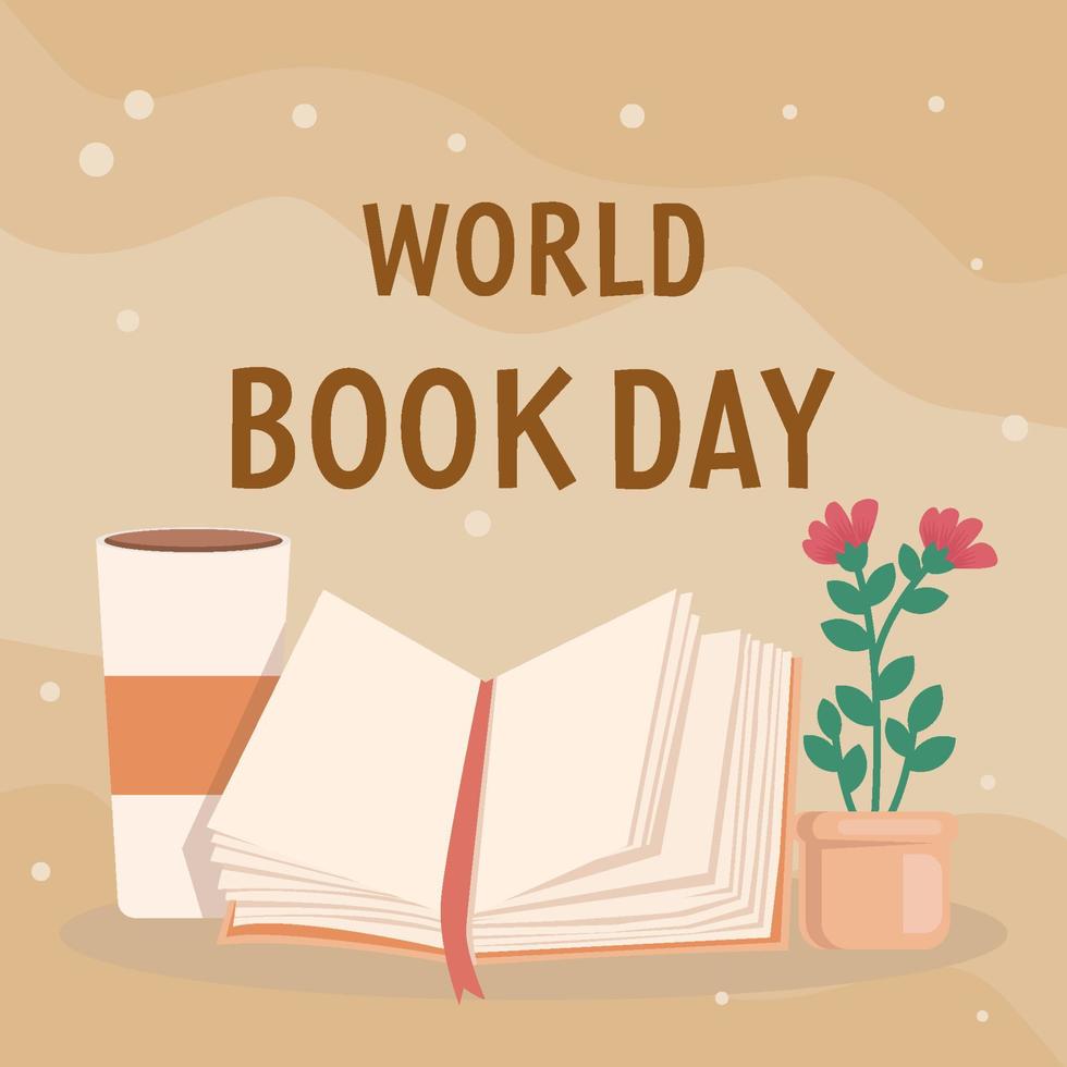monde livre journée illustration avec une verre de café et plante vecteur