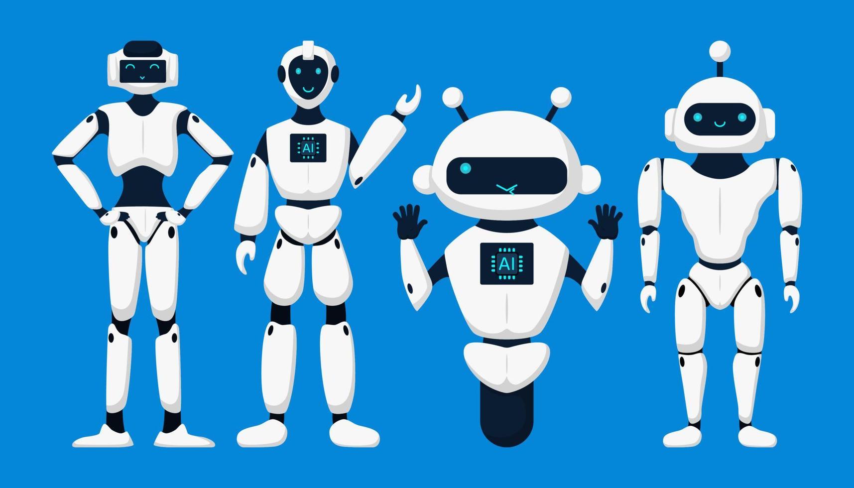 ensemble de mignonne des robots, les chatbots, ai bots personnages conception vecteur. ai La technologie et cyber personnages. futuriste La technologie un service et la communication artificiel intelligence concept vecteur