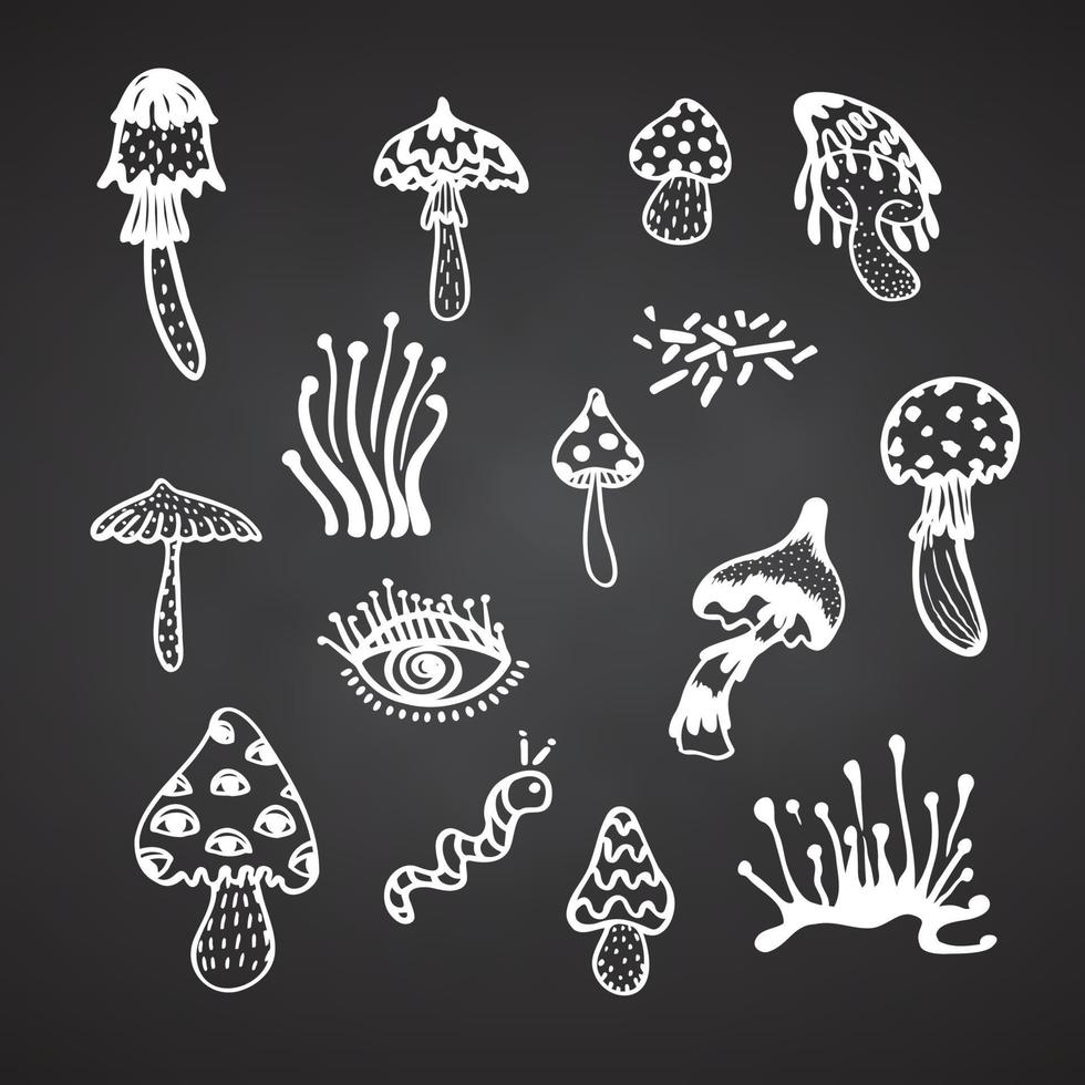 collection de rainure champignon psychédélique éléments. rétro conception de branché Icônes. griffonnage style graphique. ancien trippant 60 70 80 90 branché vecteur illustration blanc symboles sur tableau noir Contexte