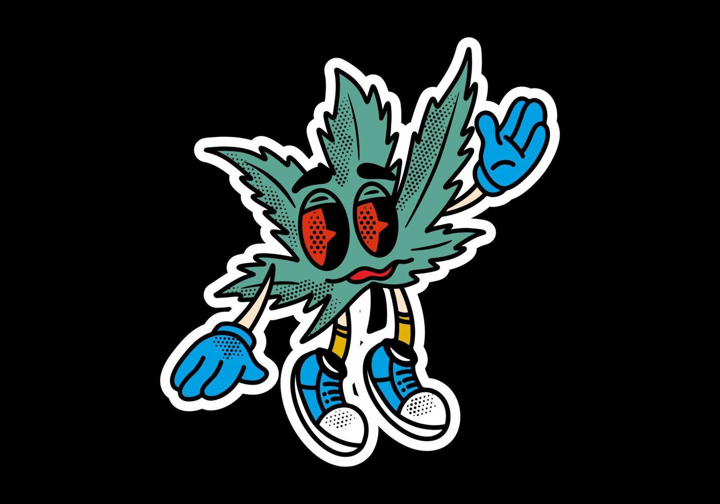 mascotte personnage autocollant de cannabis feuille avec rouge yeux et lapidé visage vecteur