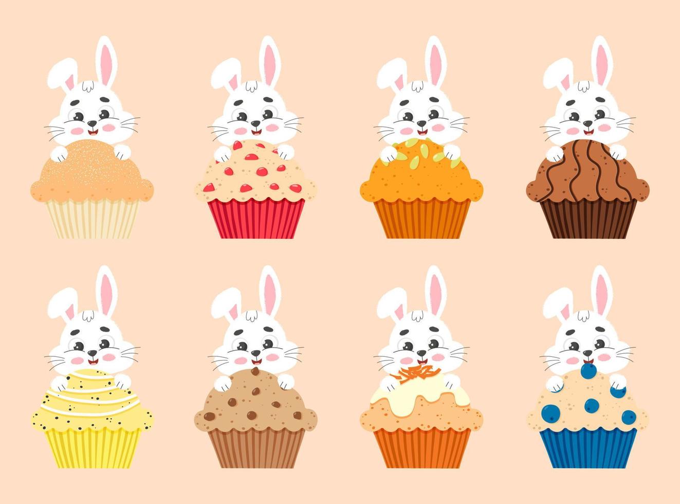 mignonne blanc peu lapins et muffins ensemble. dessin animé vecteur illustration.